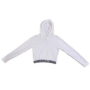 Hollister Women's Cropped Hoodie Small White Long Sleeve Checkered